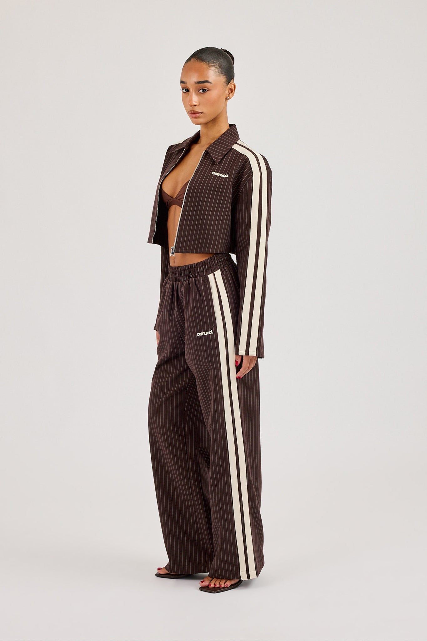 Pinstripe Taping Cropped Harrington Jacket & Wide Leg Track Pant - Chocolate